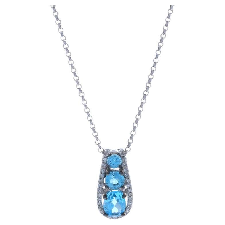 White Gold Blue Topaz & Diamond Three-Stone Necklace 16 1/4" - 14k Oval 1.02ctw For Sale