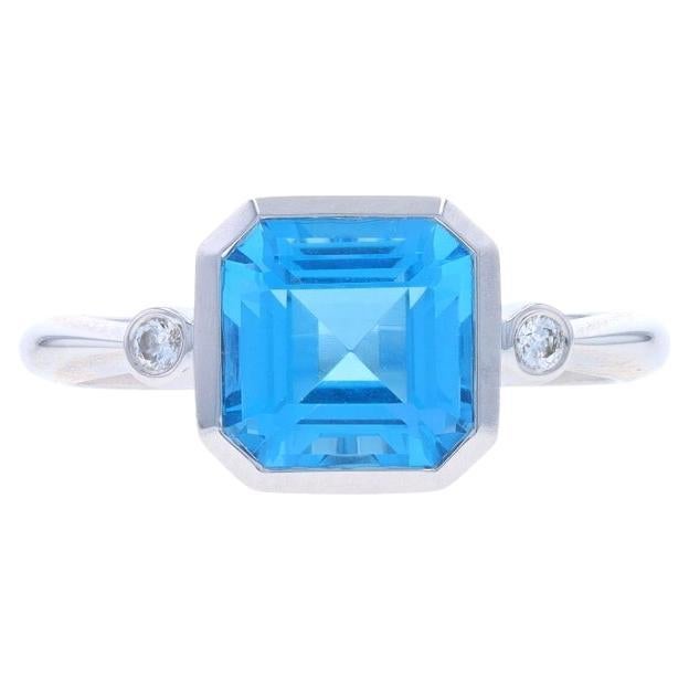 White Gold Blue Topaz Diamond Three-Stone Ring - 14k Square 3.30ctw