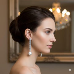 Long White Gold Blue Topaz and Diamond Drop Earrings with Coin Pearls