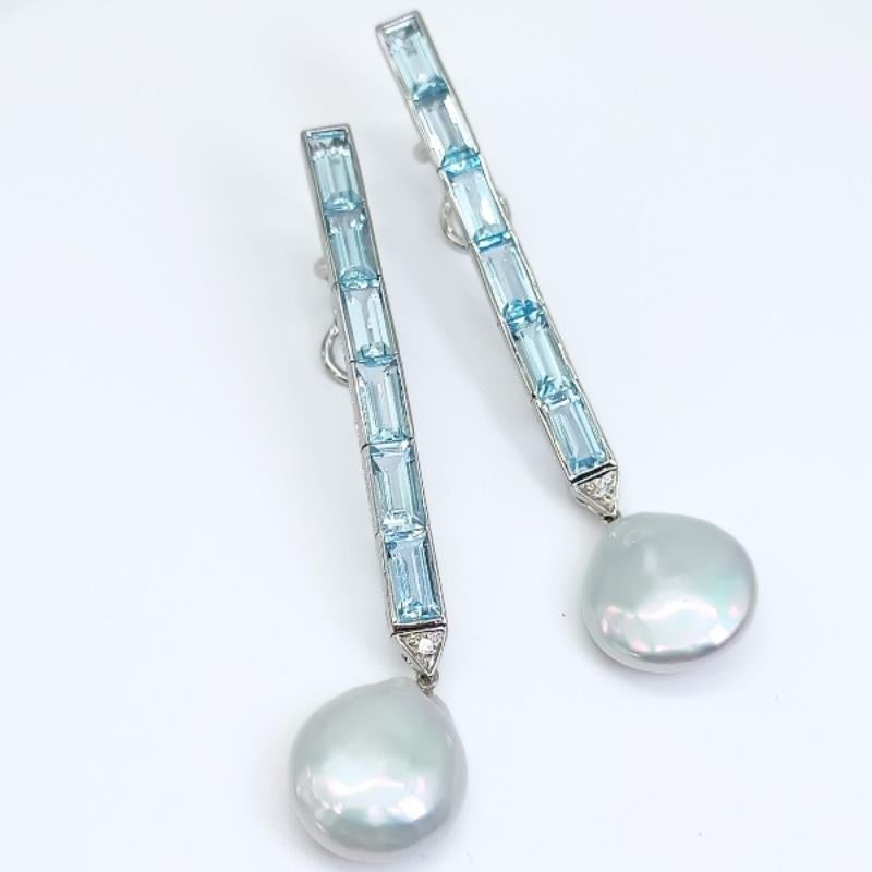 Baguette Cut White Gold, Blue Topaz, Diamonds and Coin Pearls Earrings For Sale