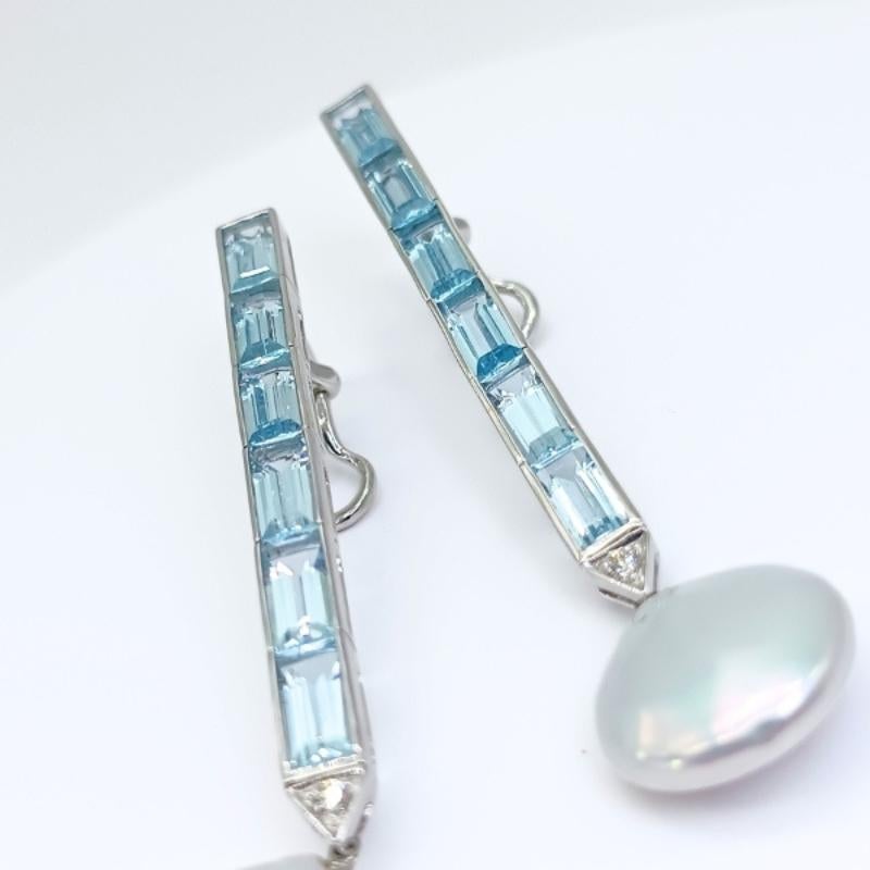 Women's or Men's White Gold, Blue Topaz, Diamonds and Coin Pearls Earrings For Sale