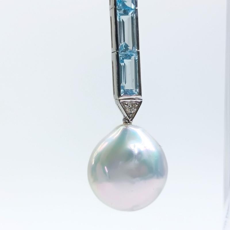 White Gold, Blue Topaz, Diamonds and Coin Pearls Earrings For Sale 2