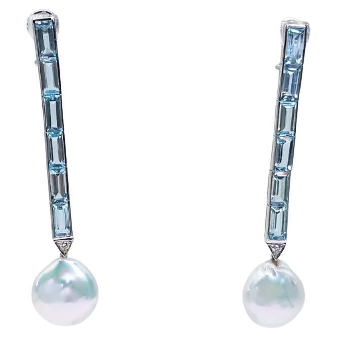 White Gold, Blue Topaz, Diamonds and Coin Pearls Earrings