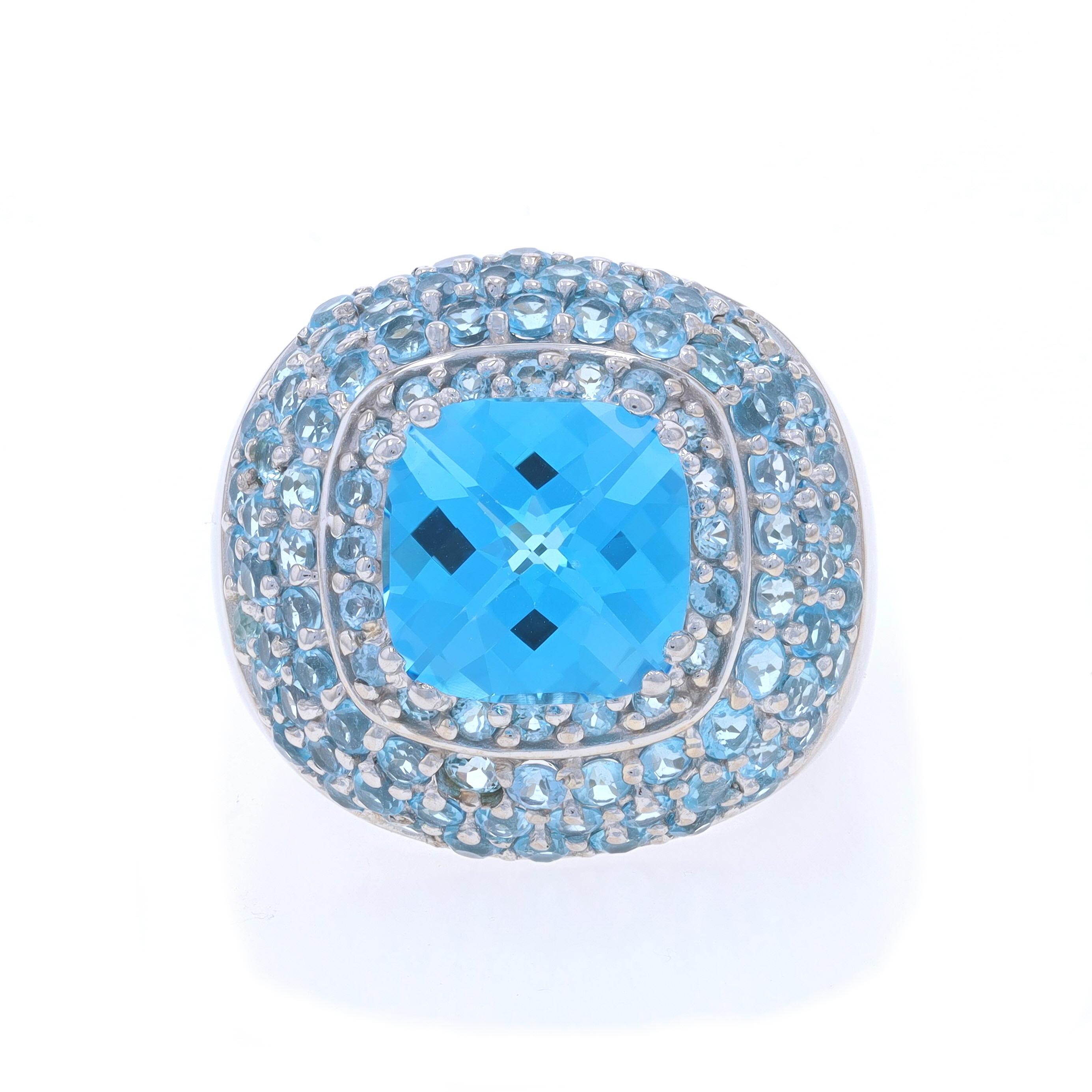 Size: 6 3/4
Sizing Fee: Up 1/2 a size for $50 or Down 1/2 a size for $50

Metal Content: 14k White Gold

Stone Information
Natural Topaz
Treatment: Routinely Enhanced
Carat(s): 2.56ct
Cut: Square Cushion Checkerboard
Color: Blue

Natural