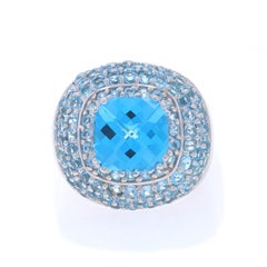 White Gold Blue Topaz Halo Ring - 14k Square Cushion Checkerboard 6.36ctw