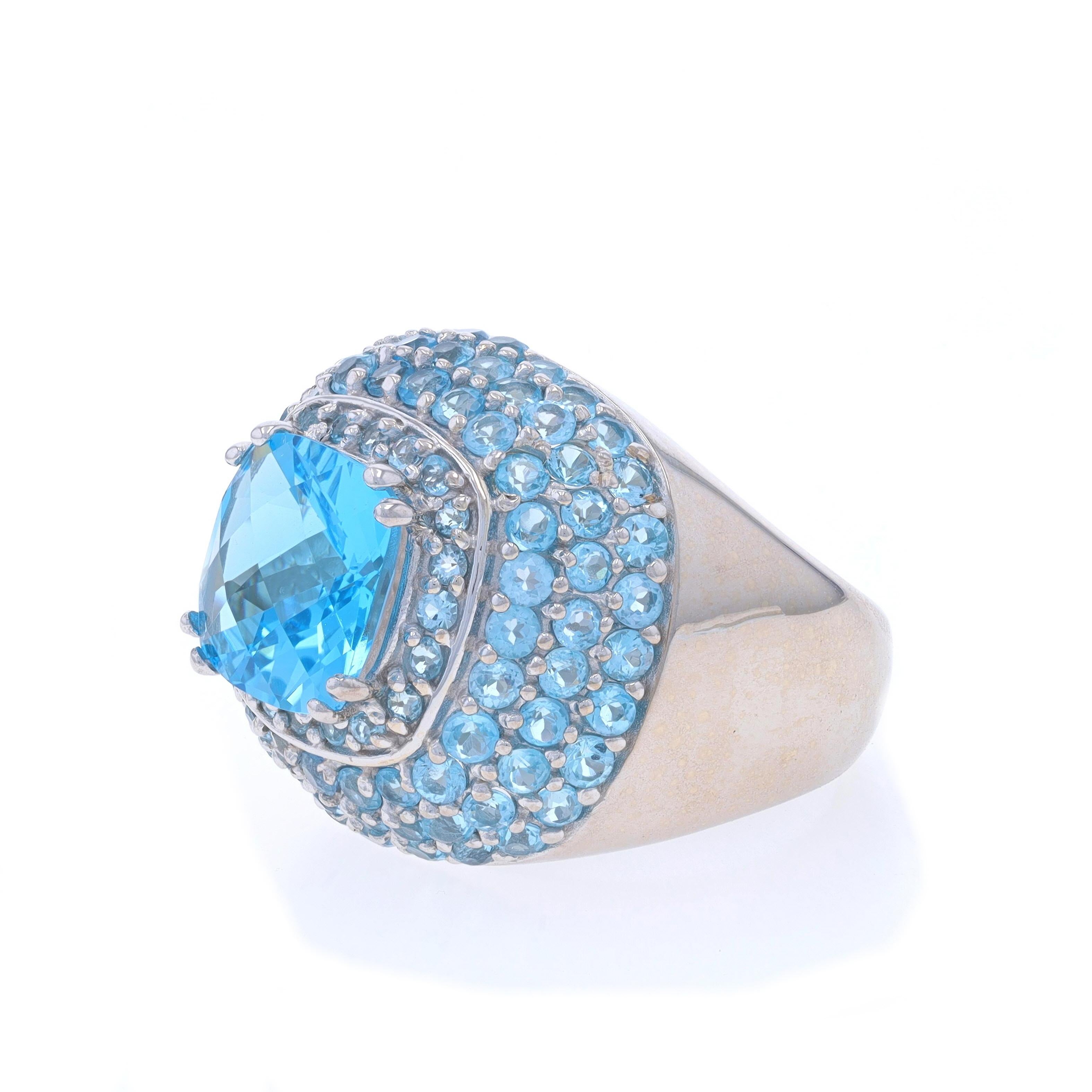 White Gold Blue Topaz Halo Ring - 14k Square Cushion Checkerboard 6.36ctw In Excellent Condition For Sale In Greensboro, NC
