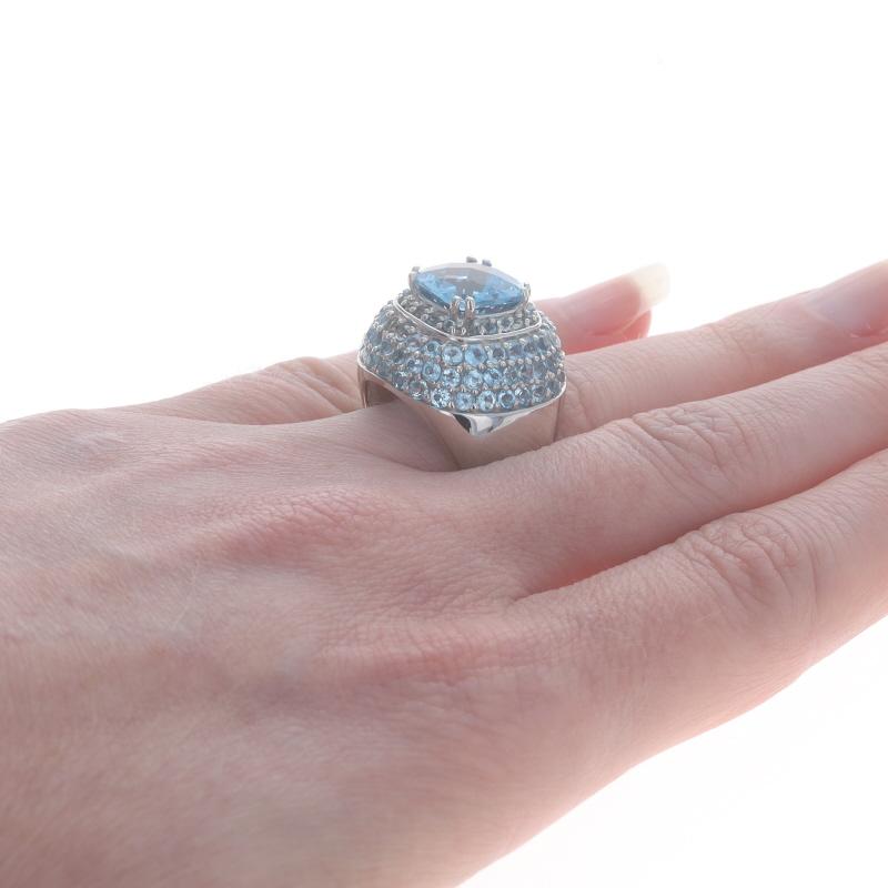 Women's White Gold Blue Topaz Halo Ring - 14k Square Cushion Checkerboard 6.36ctw For Sale