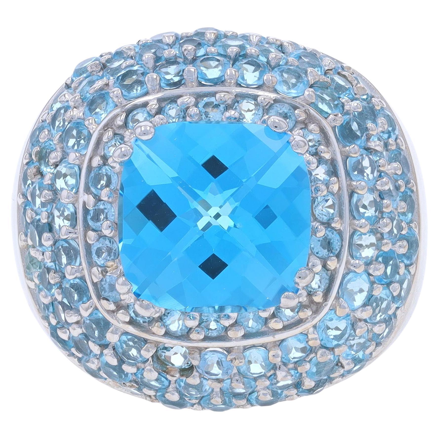 White Gold Blue Topaz Halo Ring - 14k Square Cushion Checkerboard 6.36ctw