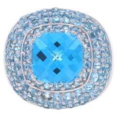 Anillo Halo de Topacio Azul de Oro Blanco - 14k Cuadrado Cushion Checkerboard 6.36ctw