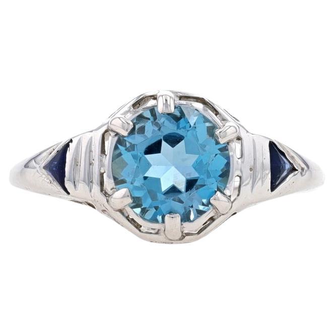 White Gold Blue Topaz & Lab-Created Sapphire Art Deco Ring - 14k 1.55ct Vintage For Sale