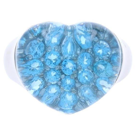 White Gold Blue Topaz Love Heart Ring - 10k Heart Cabochon over Rounds Size 8