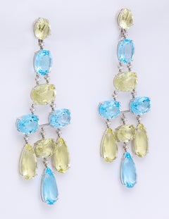 White Gold, Blue Topaz, Peridot and Diamond Chandelier Earrings