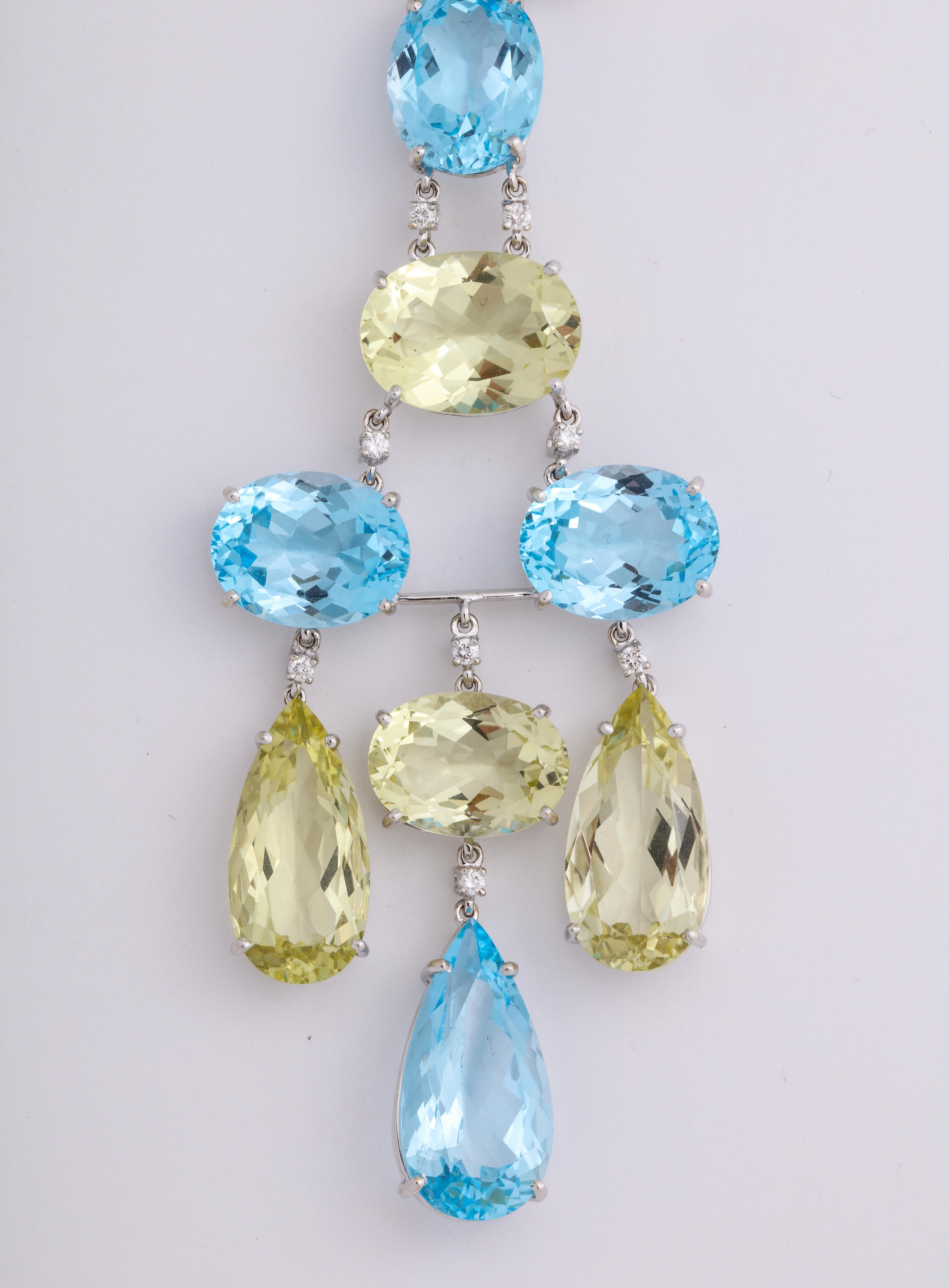 Contemporary White Gold, Blue Topaz, Peridot and Diamond Chandelier Earrings For Sale
