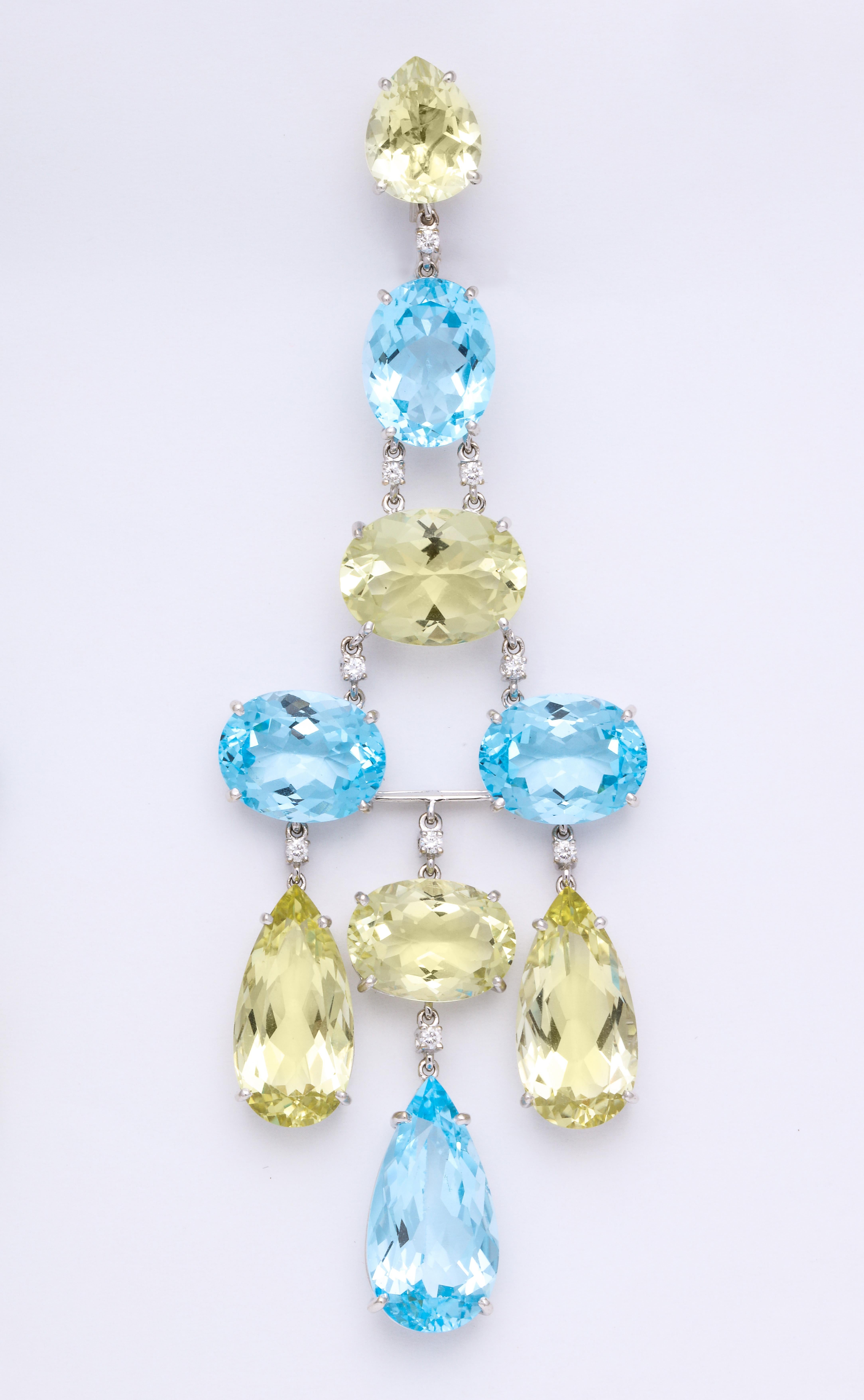 Oval Cut White Gold, Blue Topaz, Peridot and Diamond Chandelier Earrings For Sale