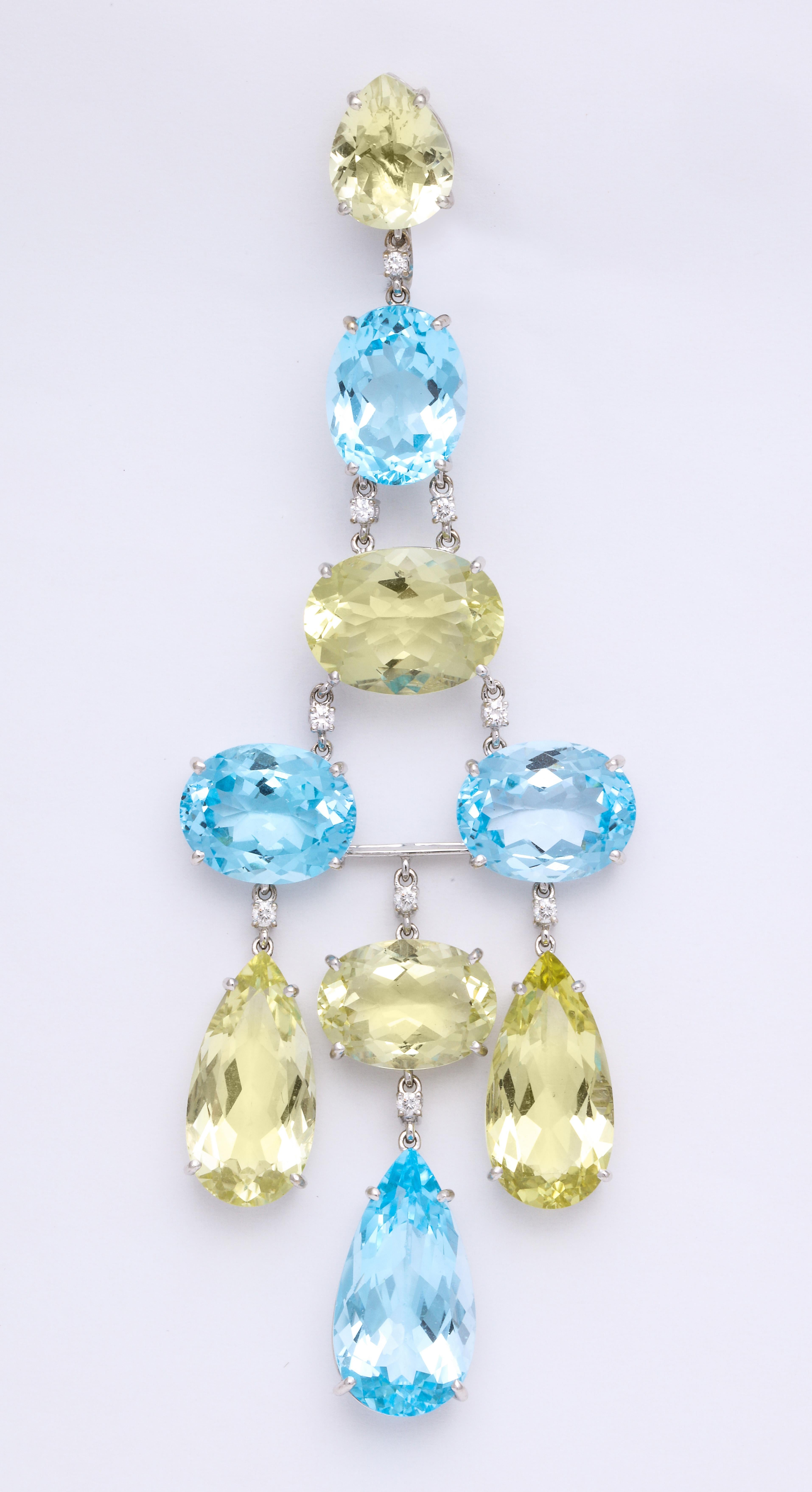 White Gold, Blue Topaz, Peridot and Diamond Chandelier Earrings In New Condition For Sale In New York, NY