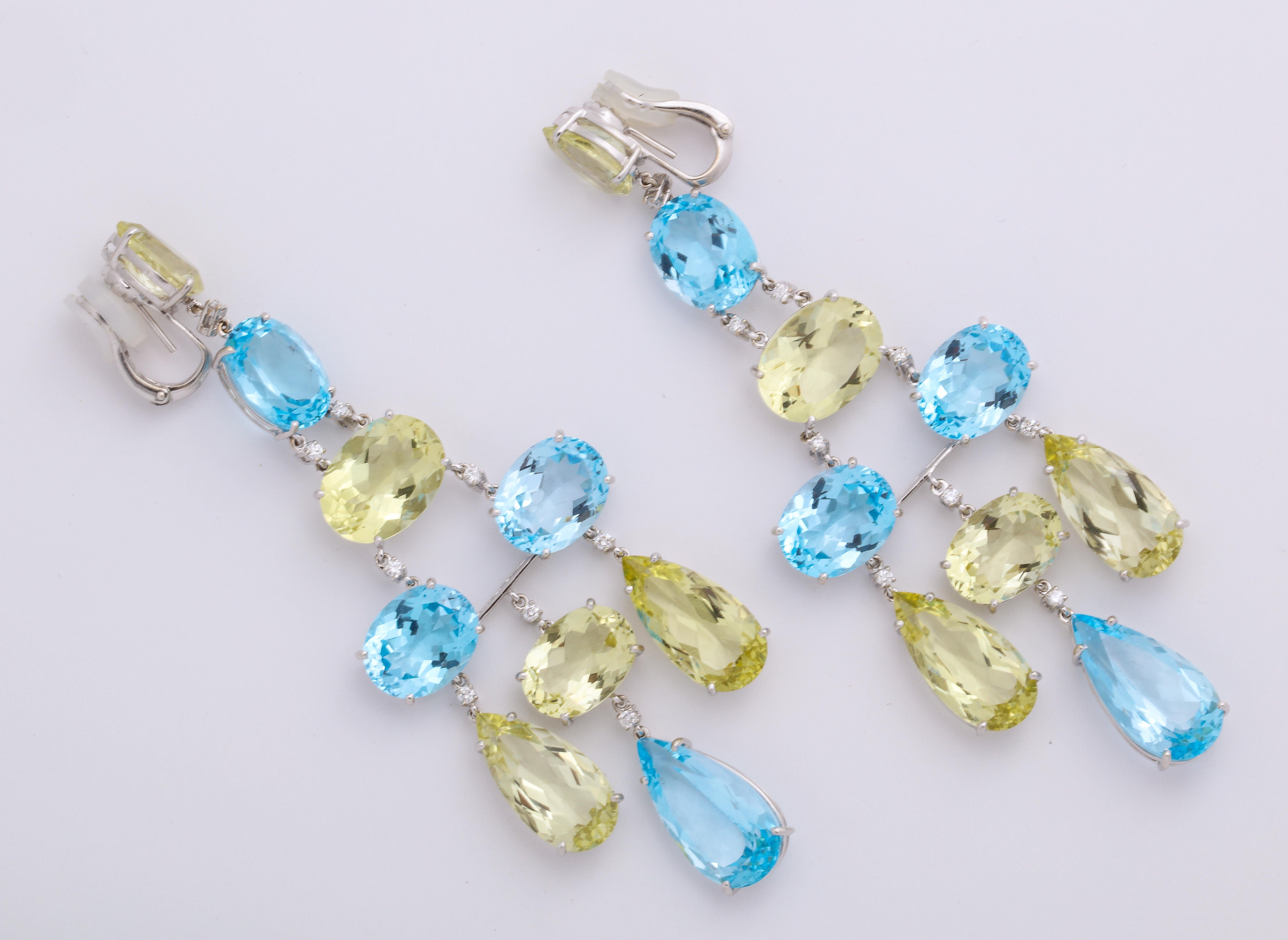 Women's White Gold, Blue Topaz, Peridot and Diamond Chandelier Earrings For Sale