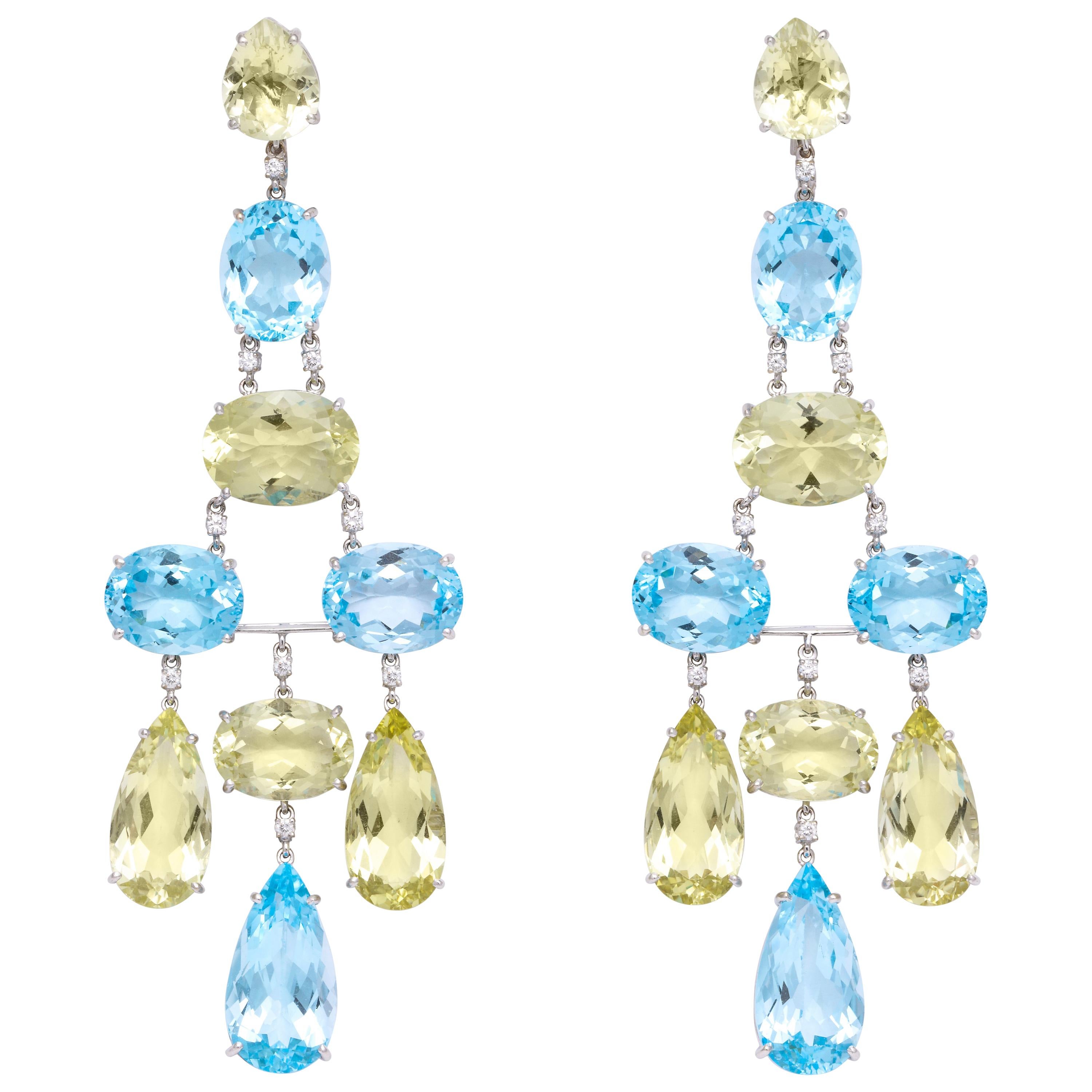 White Gold, Blue Topaz, Peridot and Diamond Chandelier Earrings For Sale