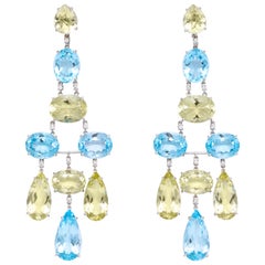 White Gold, Blue Topaz, Peridot and Diamond Chandelier Earrings
