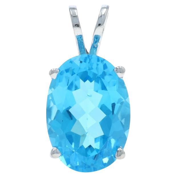 White Gold Blue Topaz Solitaire Pendant - 14k Oval 8.80ct
