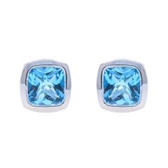 White Gold Blue Topaz Stud Earrings - 14k Cushion Checkerboard 1.66ctw Bezel Set