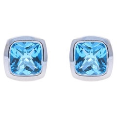 White Gold Blue Topaz Stud Earrings - 14k Cushion Checkerboard 1.66ctw Bezel Set