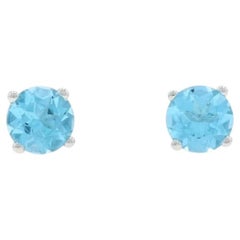 Boucles d'oreilles or blanc Topaze bleue - 14k Rond 1.20ctw Pierced
