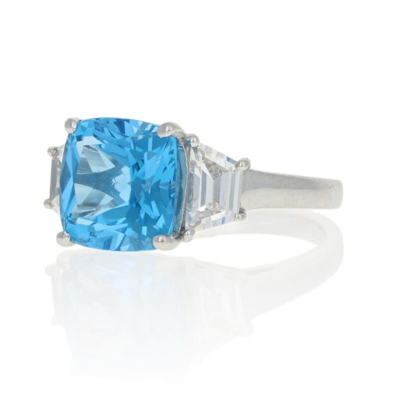 White Gold Blue Topaz & Synthetic White Sapphire Ring, 10k Cushion Cut 7.50ctw 2