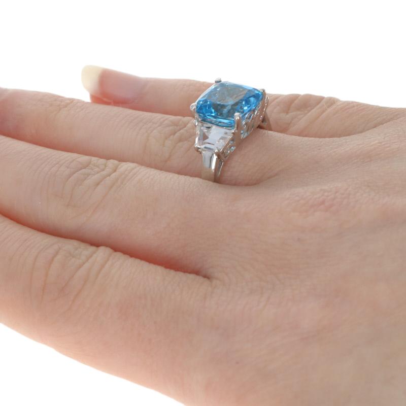 White Gold Blue Topaz & Synthetic White Sapphire Ring, 10k Cushion Cut 7.50ctw In New Condition In Greensboro, NC