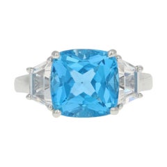 White Gold Blue Topaz & Synthetic White Sapphire Ring, 10k Cushion Cut 7.50ctw
