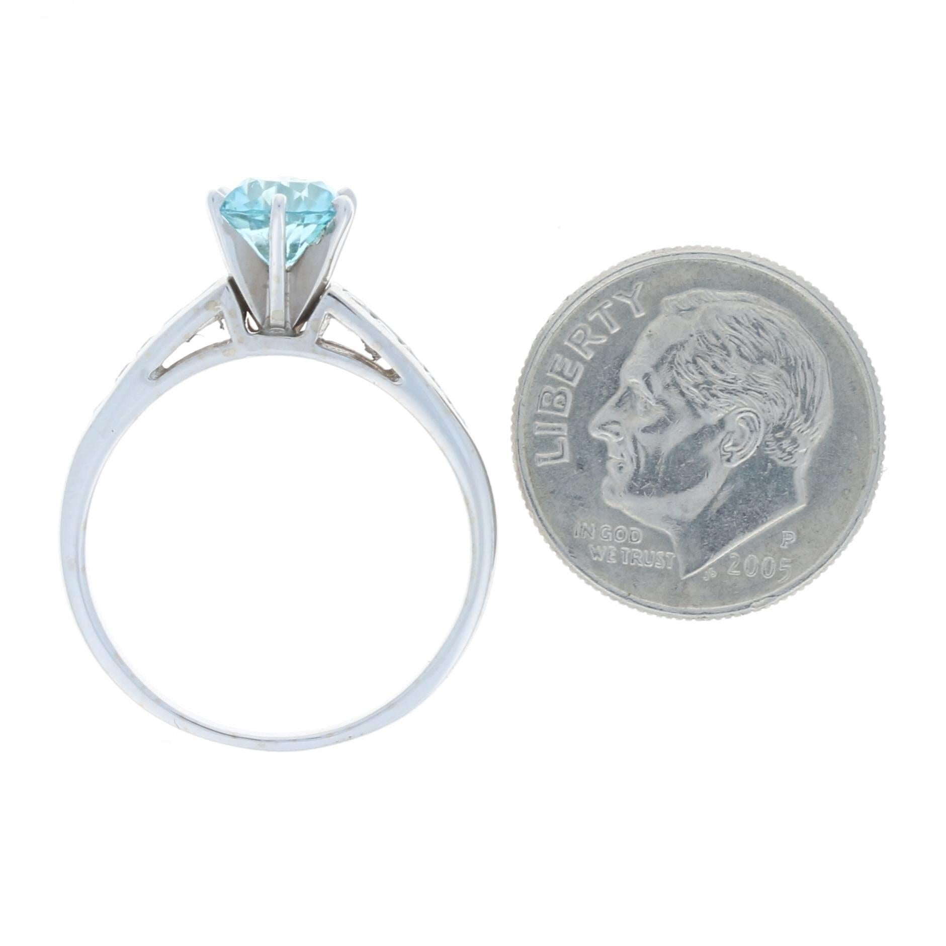 White Gold Blue Zircon and Diamond Ring, 14 Karat Round Cut 1.83 Carat 1