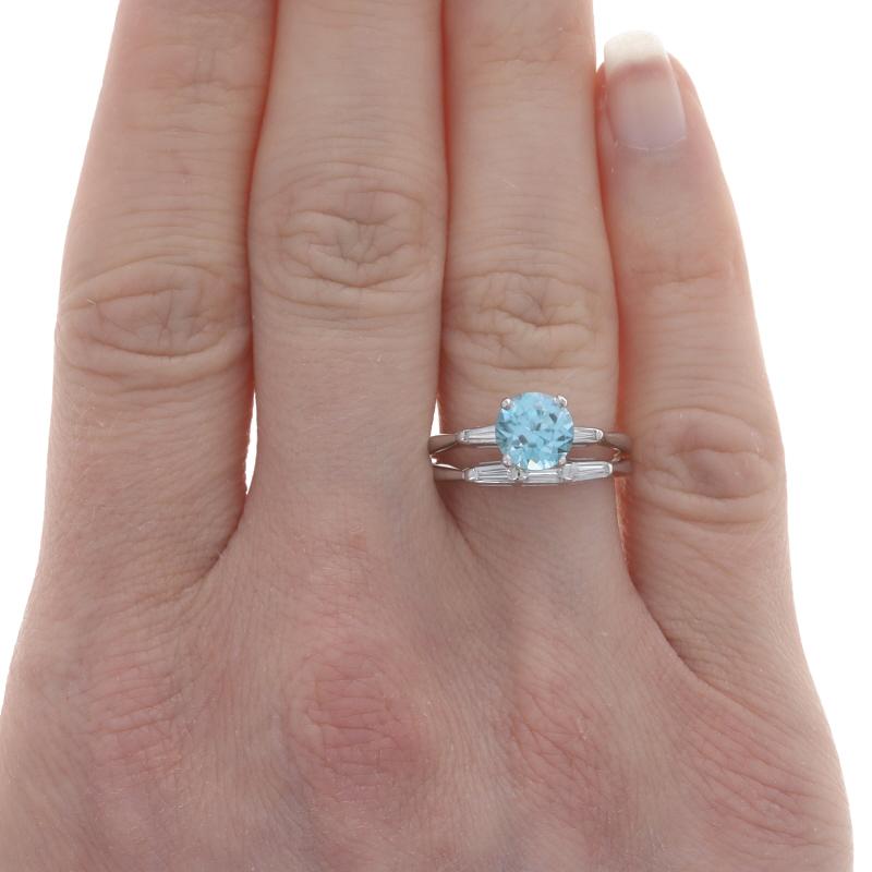 Round Cut White Gold Blue Zircon & Diamond Engagement Ring & Wedding Band 14k 2.25ctw Sz7 For Sale