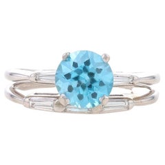 Vintage White Gold Blue Zircon & Diamond Engagement Ring & Wedding Band 14k 2.25ctw Sz7