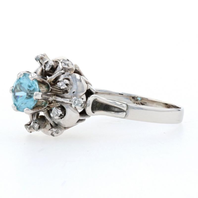 White Gold Blue Zircon & Diamond Floral Halo Ring, 10k Round Cut 1.44ctw Tiered In Excellent Condition For Sale In Greensboro, NC