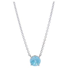 White Gold Blue Zircon Solitaire Pendant Necklace - 14k Round 2.27ct Adjustable