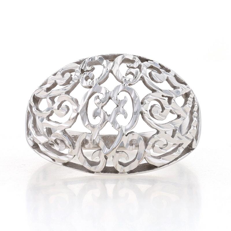 Size: 7
Sizing Fee: Up 2 sizes for $35 or Down 2 sizes for $30

Brand: Michael Anthony

Metal Content: 10k White Gold

Style: Dome Statement Band
Theme: Botanical Scrollwork
Features: Open Cut Design with Etched Detailing

Measurements

Face Height