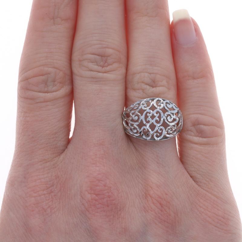 White Gold Botanical Scrollwork Dome Statement Band - 10k Ring In Excellent Condition For Sale In Greensboro, NC