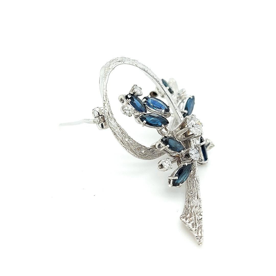 Artisan 18kt Solid White Gold Bouquet Brooch with Diamonds and Sapphires For Sale