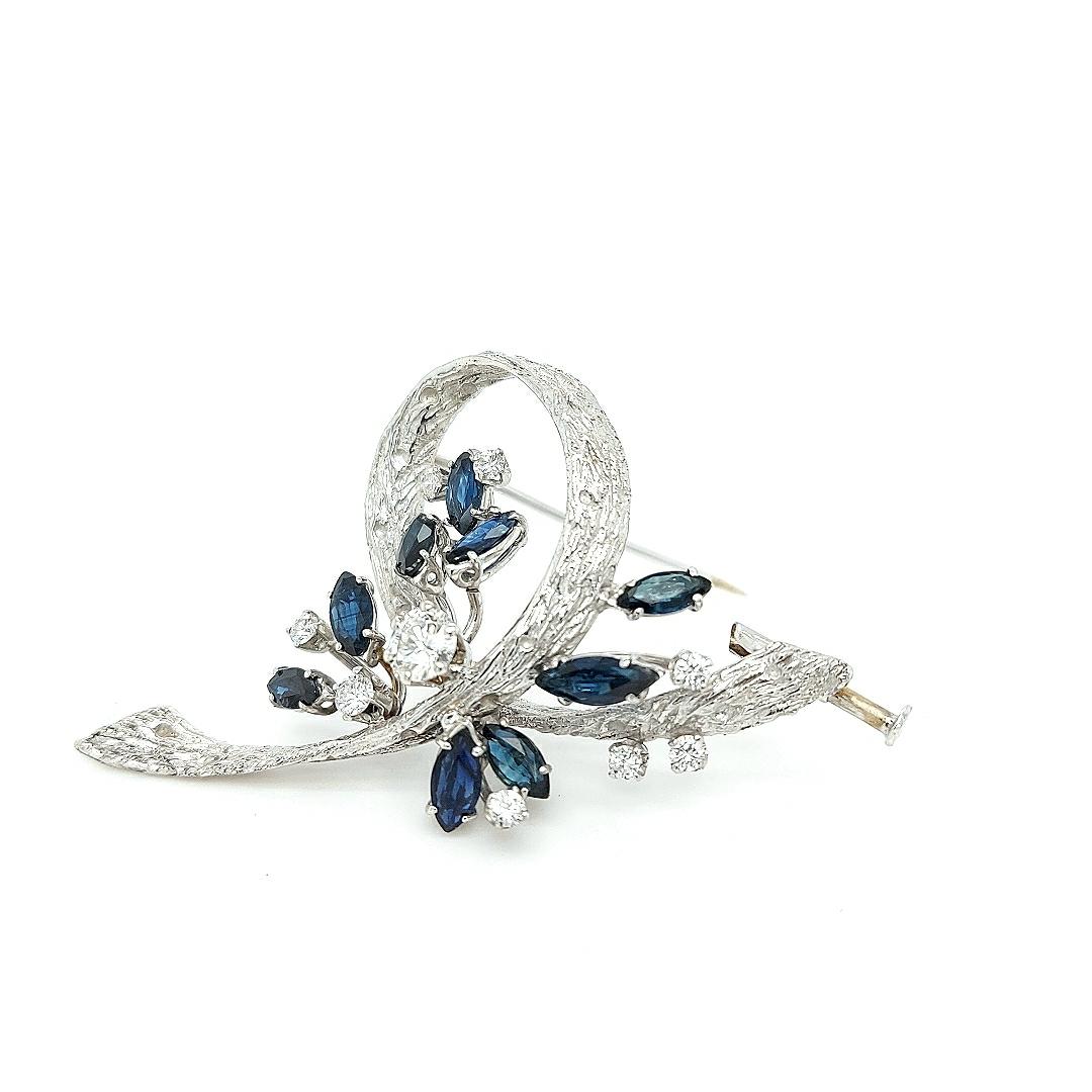 Women's or Men's 18kt Solid White Gold Bouquet Brooch with Diamonds and Sapphires For Sale