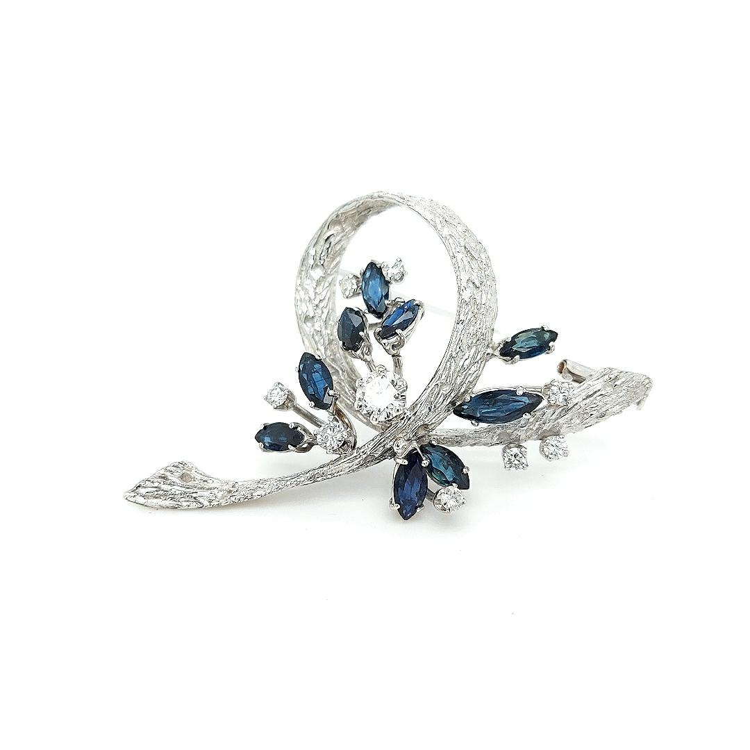 18kt Solid White Gold Bouquet Brooch with Diamonds and Sapphires For Sale 1