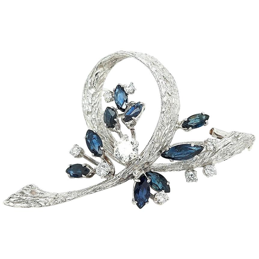 18kt Solid White Gold Bouquet Brooch with Diamonds and Sapphires