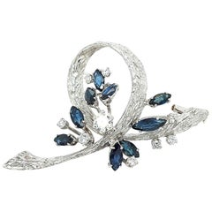 Vintage 18kt Solid White Gold Bouquet Brooch with Diamonds and Sapphires