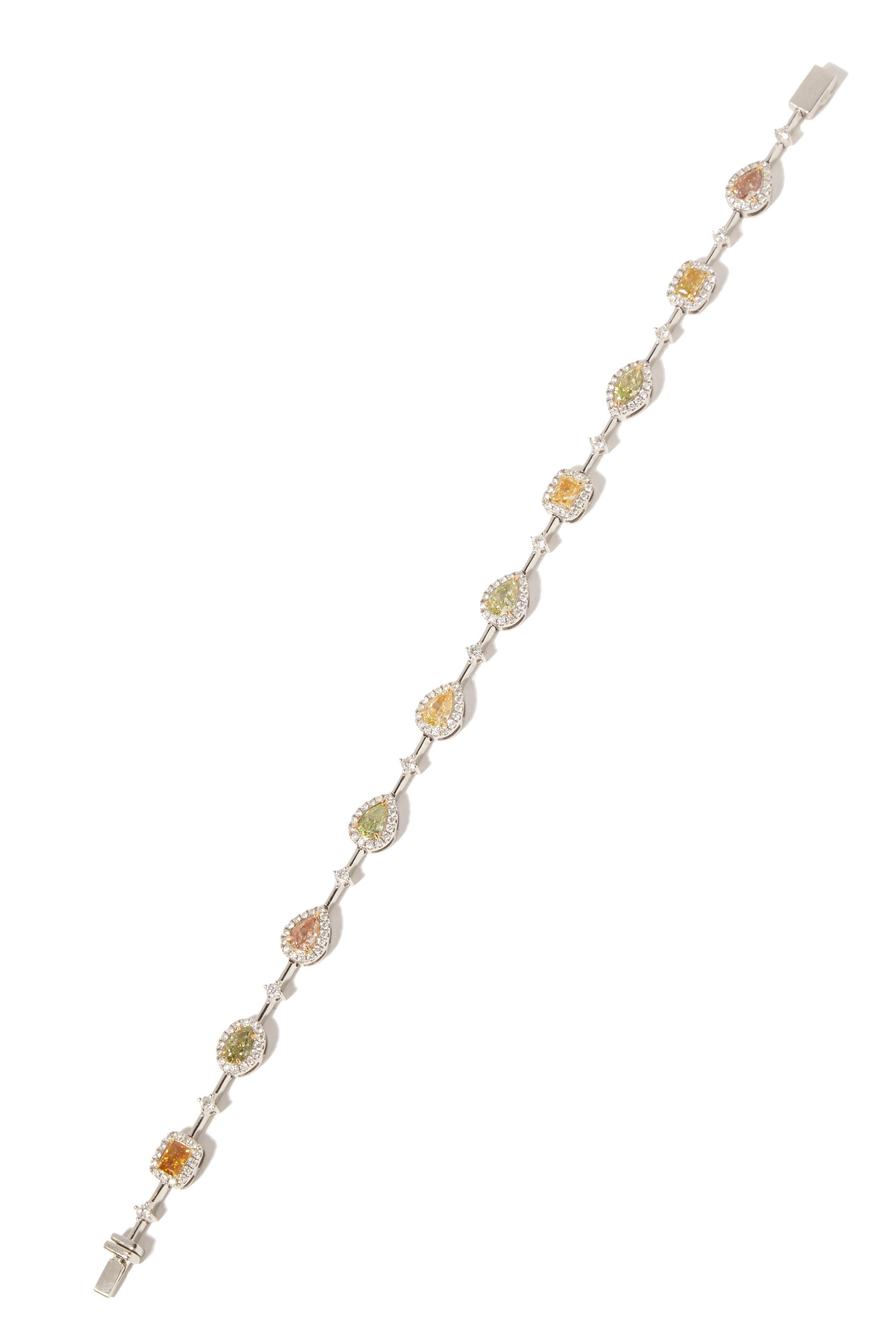Modern White gold bracelet with 10 fancy coloured diamonds For Sale