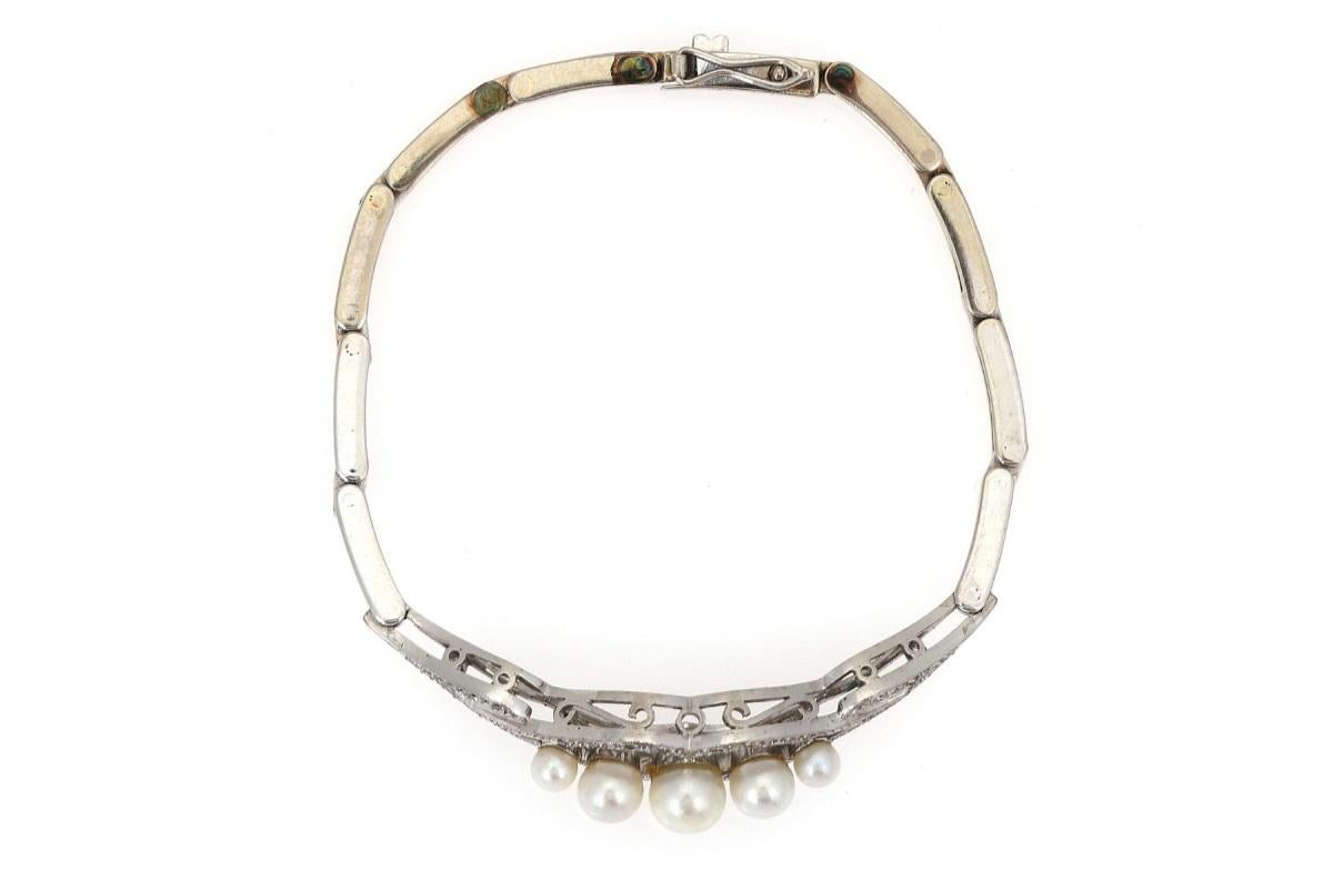 Pulsera de oro blanco con perlas y diamantes. Corte octogonal en venta