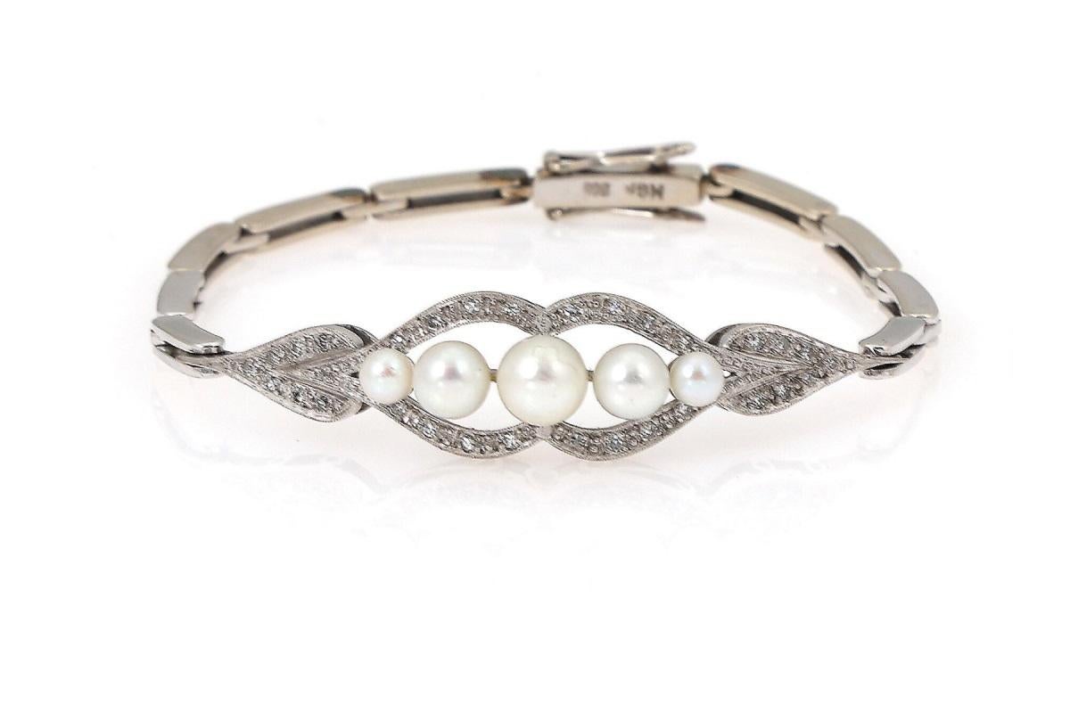 Pulsera de oro blanco con perlas y diamantes. en Bueno estado para la venta en Chorzów, PL