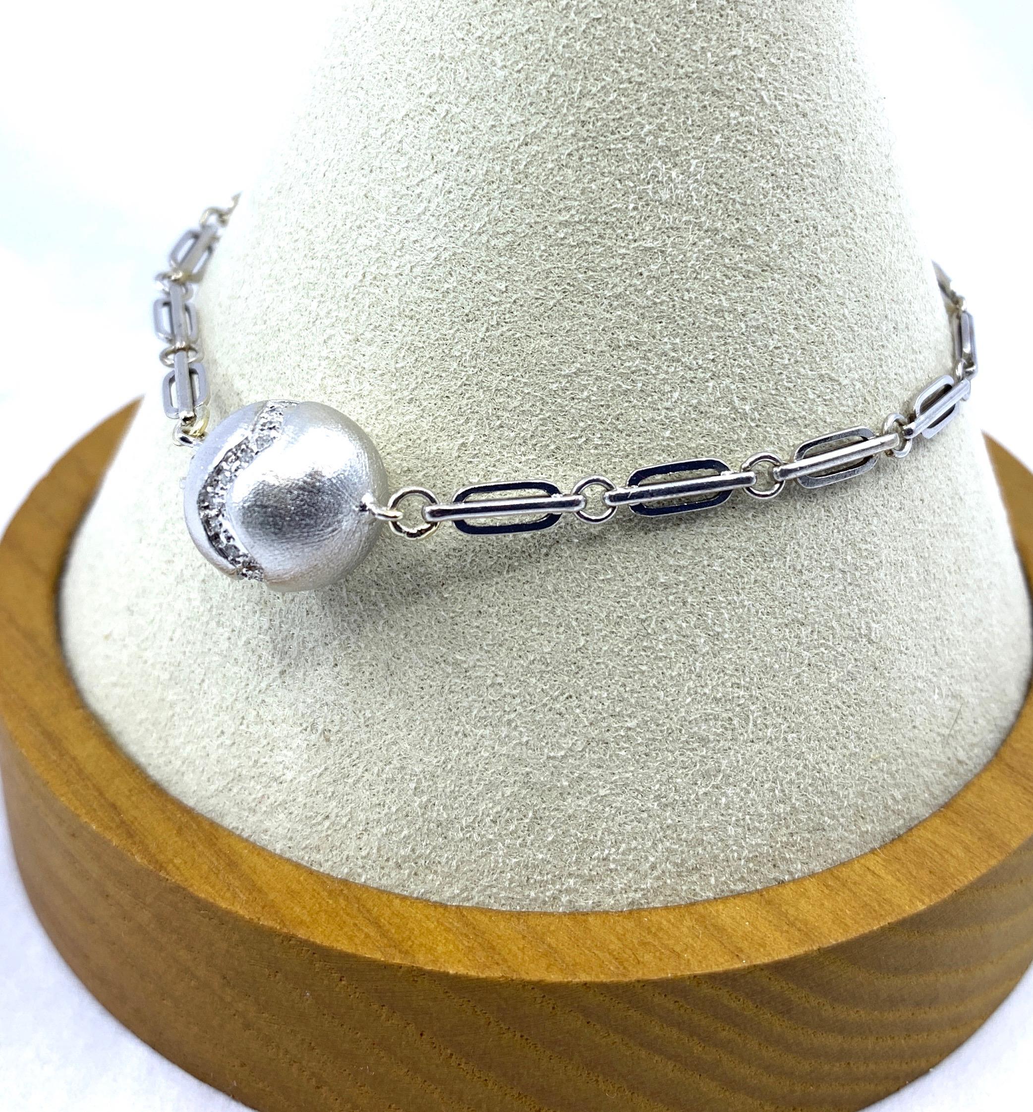 Contemporary White Gold Bracelet with Deco-Era Watch Chain Links and Diamond Ball Clasp