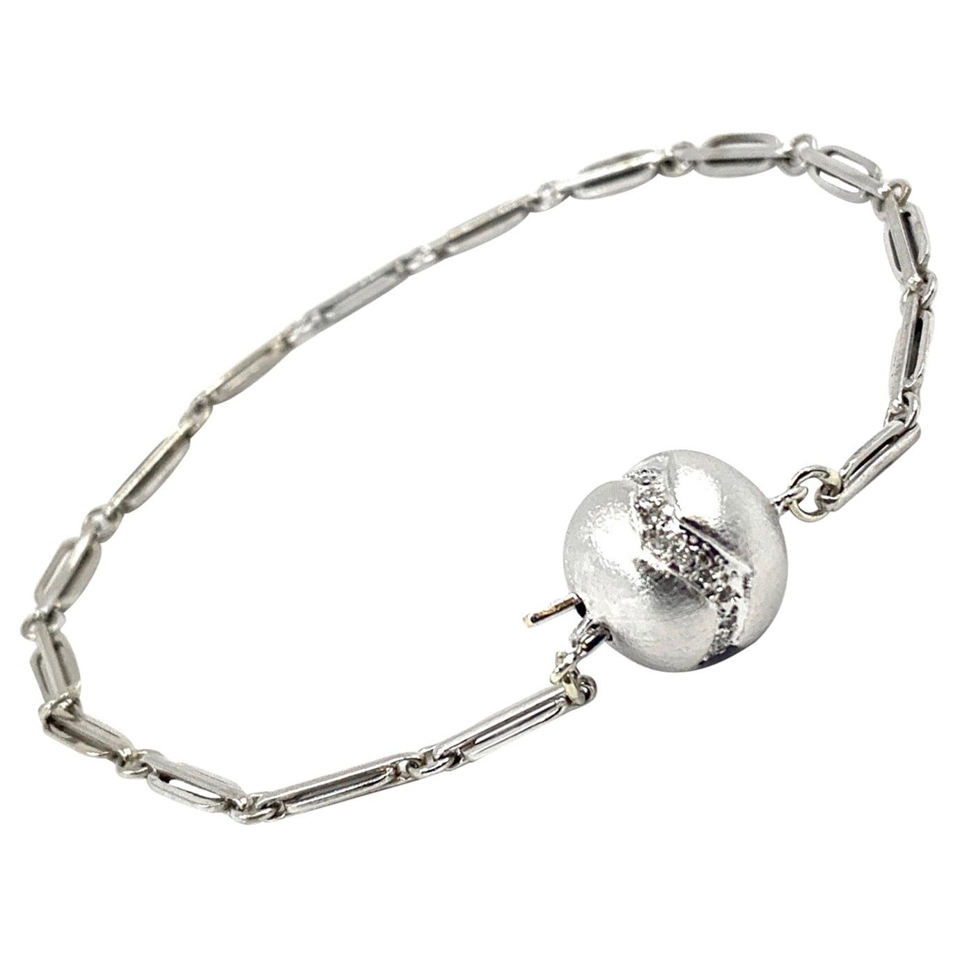 White Gold Bracelet with Retro-Era Watch Chain Links and Diamond Ball Clasp