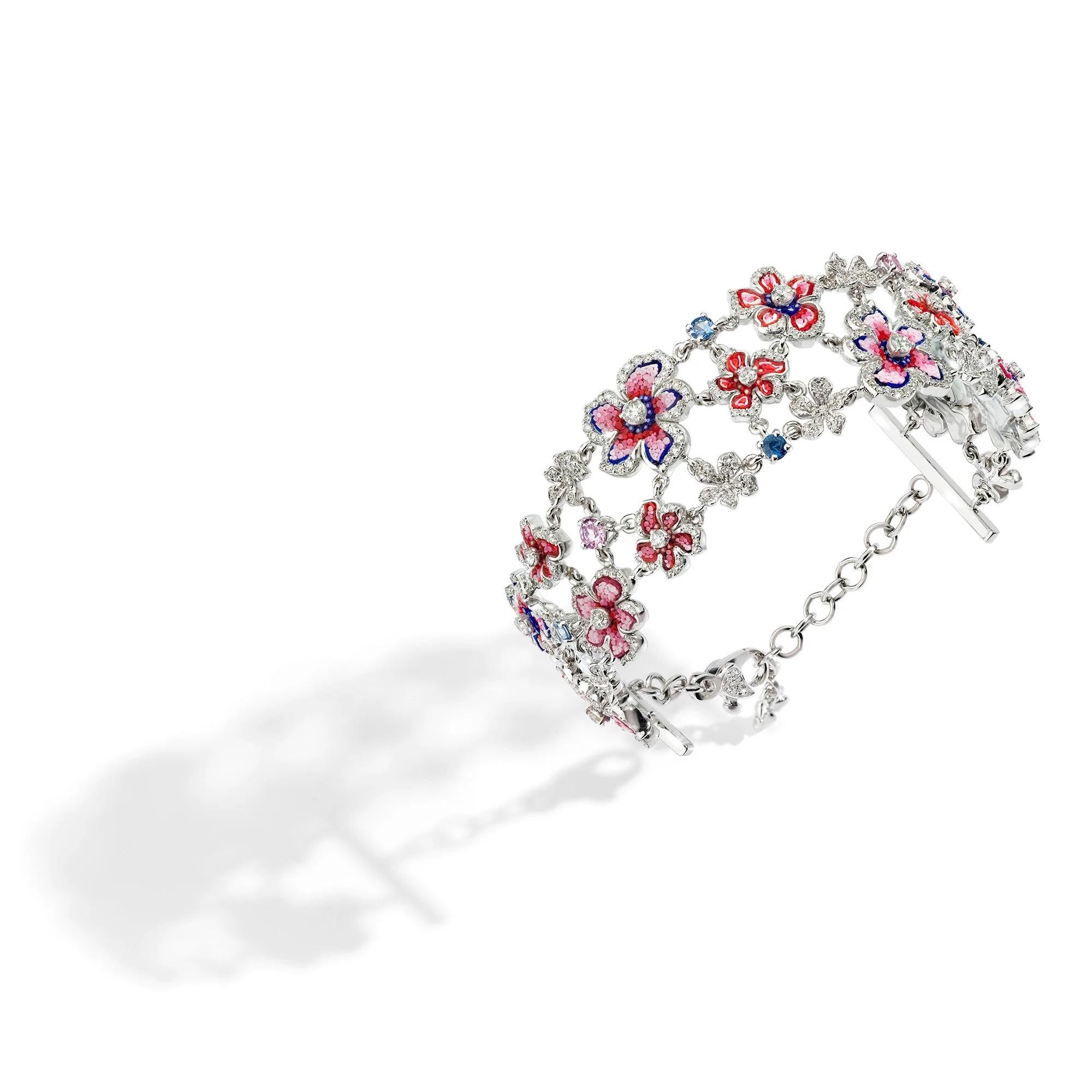 Round Cut White Gold Bracelet with White Diamonds, Sapphires and Micromosaic