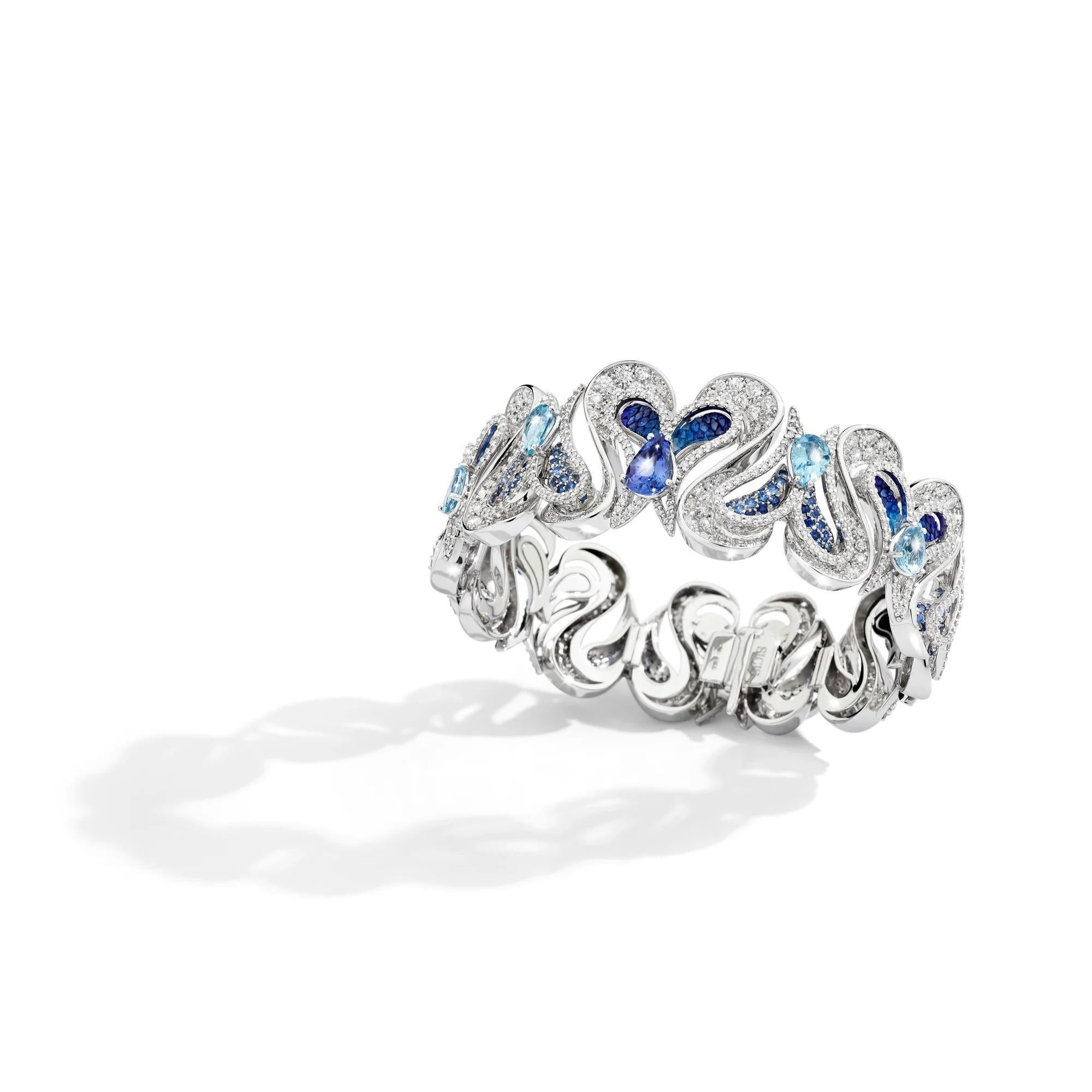 Taille mixte Bracelet en or blanc avec diamants blancs, tanzanite, aigue-marine et saphir bleu en vente