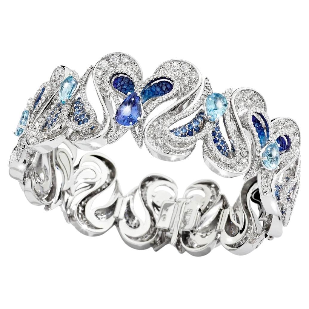White Gold Bracelet with White Diamonds, Tanzanite, Aquamarine and Blue Sapphire