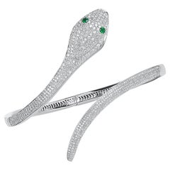 White Gold Brilliant Cut Snake Design Diamond Bracelet Set with Emeralds 1.75ct